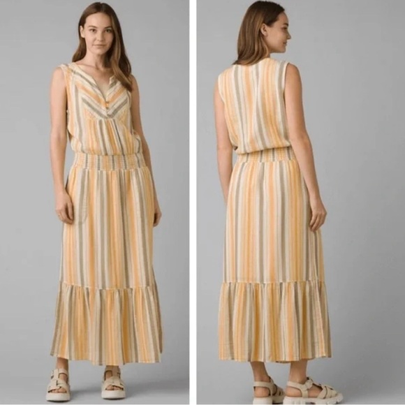 Prana California Dreaming Maxi Dress M Organic Cotton In Golden Hour Stripe - Picture 1 of 15